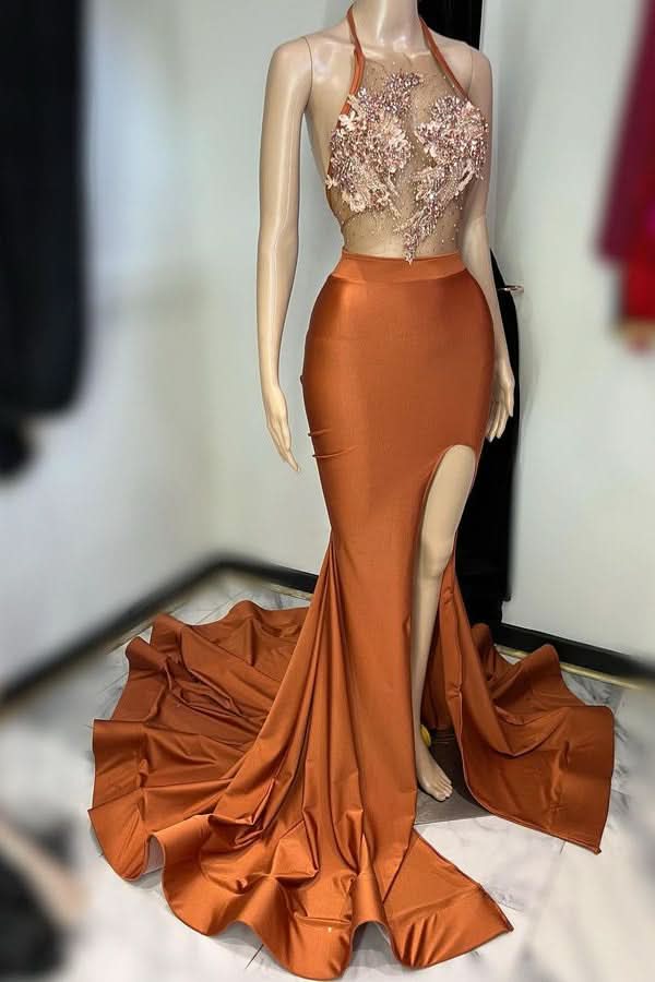 Brown Sleeveless Halter Long Prom Dress with Appliques and High Slit BM bride
