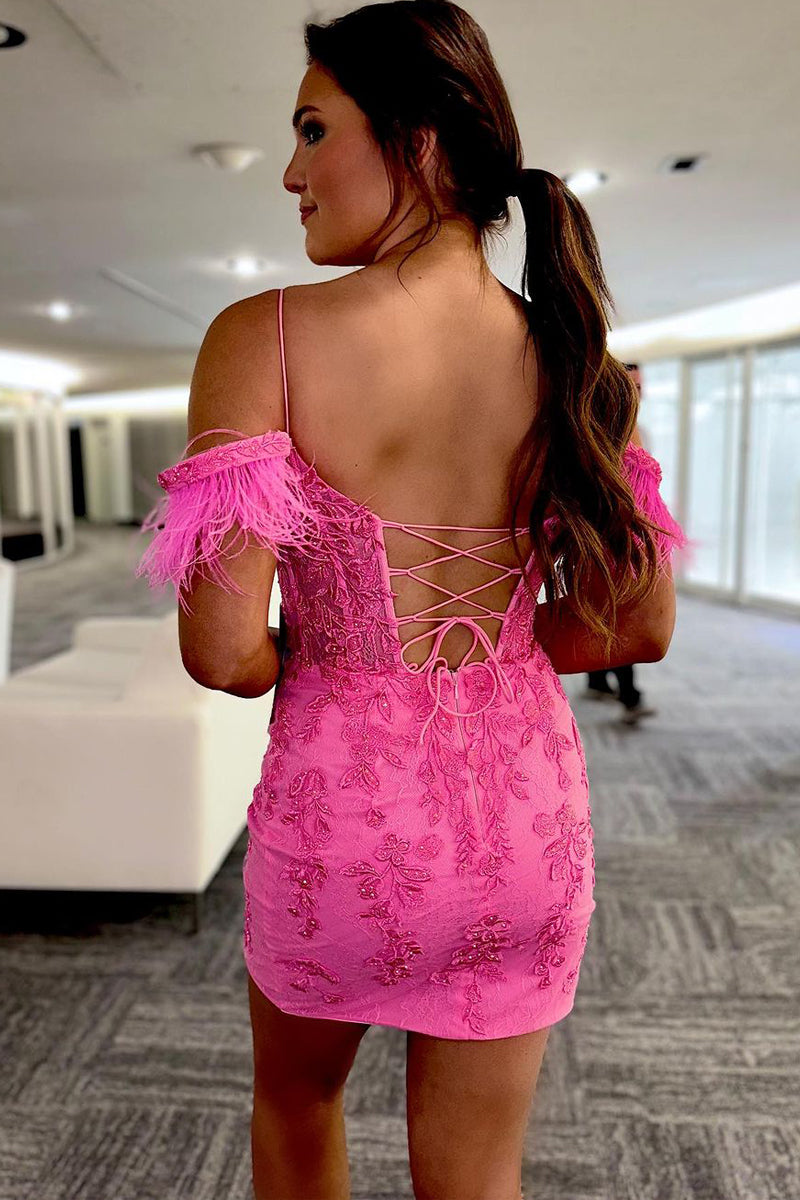 Romantic Off the Shoulder Pink Lace Sheath Homecoming Dress BM bride