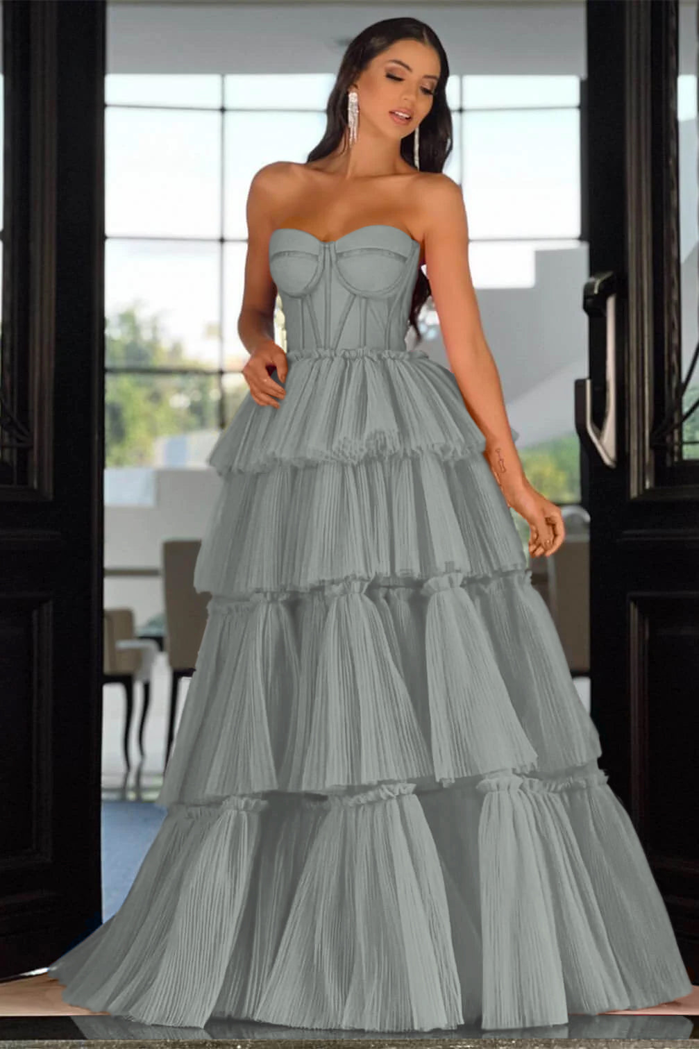 Elegant Sweetheart Strapless Prom Dress Long Sleeveless Layers Hot Pink BMBRIDE