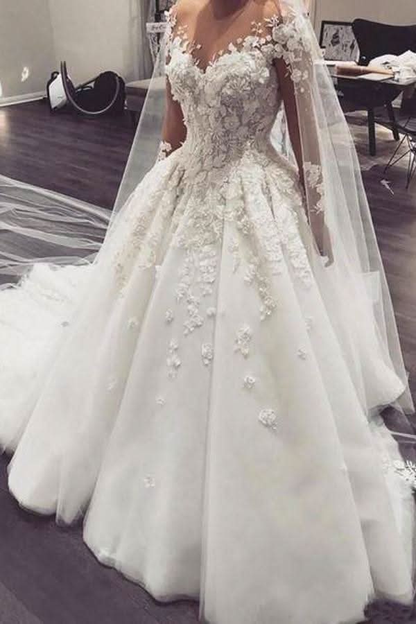 Bateau Long Sleeve A-Line Floor-Length Wedding Dress with Lace Appliques BM bride