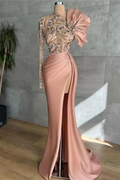 Long Sleeves Long Mermaid Prom Dress With High Split Appliques BMBRIDE