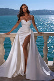 Ivory Spaghetti-Straps Mermaid Prom Dress with Ruffles Split BM bride