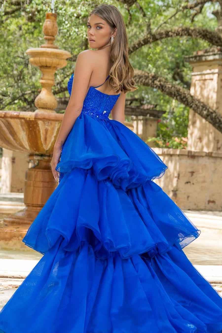 Royal Blue One Shoulder Sleeveless Beadings Prom Dress With Detachable skirt