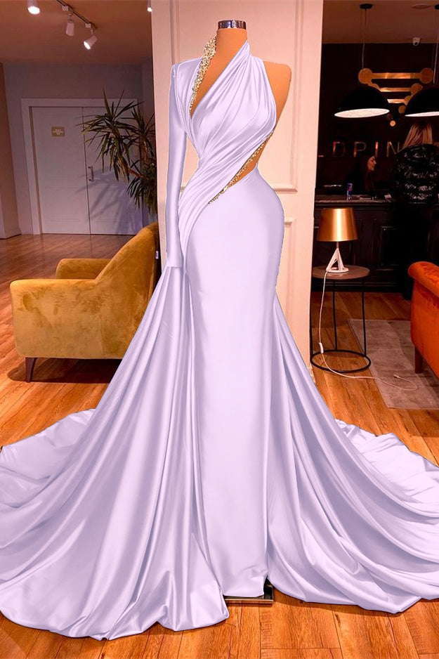 One Shoulder Long Beading Prom Dress Mermaid With Long Sleeve BMBRIDE