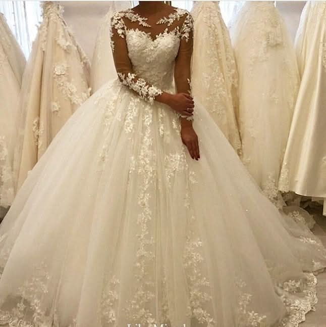 Bateau Long Sleeves A-Line Wedding Dress With Appliques Lace Ruffles Tulle BM bride
