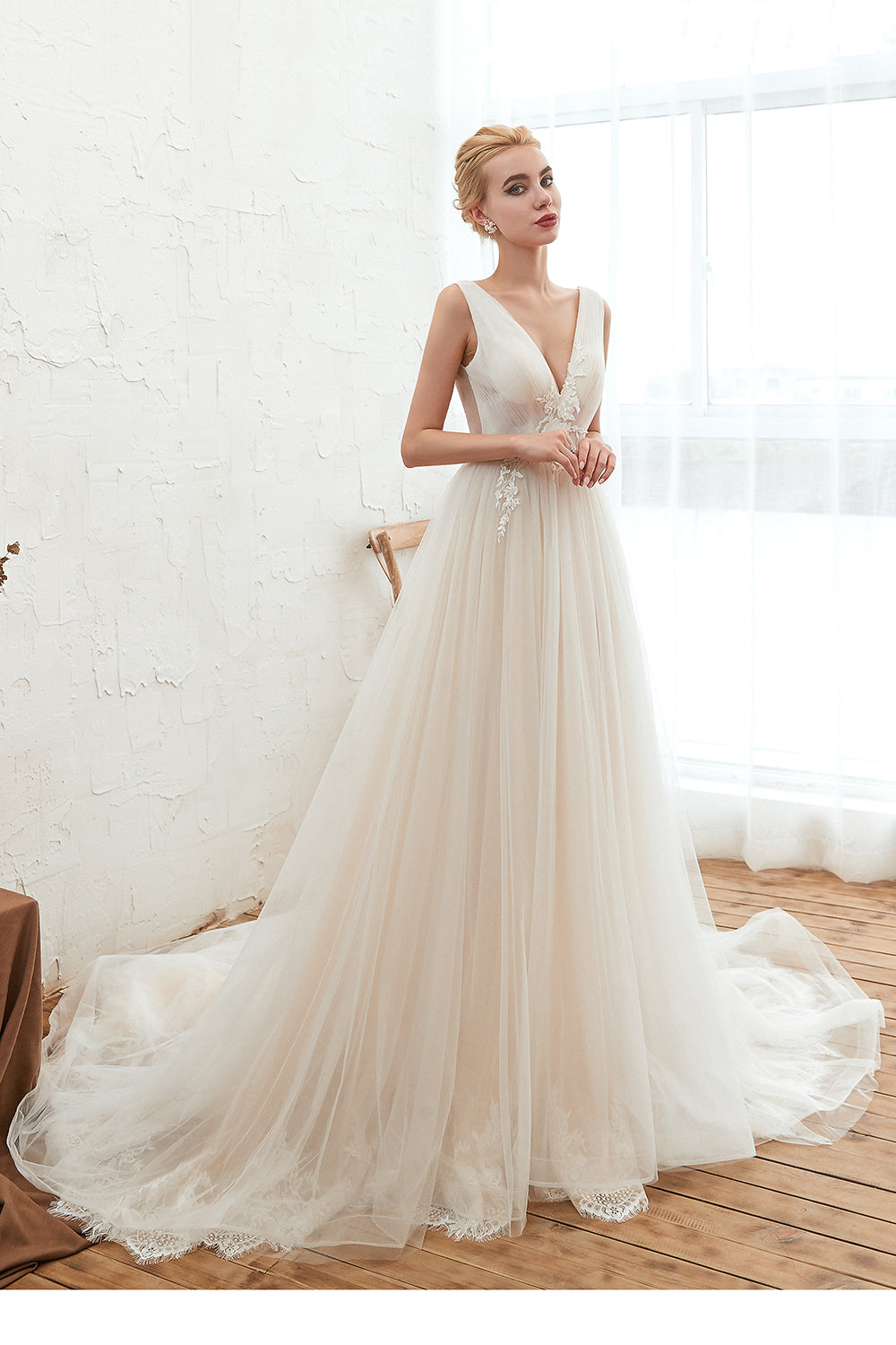 Romantic Wide Strap Deep V-Neck Floor-Length A-Line Wedding Dress with Tulle BM bride