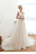 Romantic Wide Strap Deep V-Neck Floor-Length A-Line Wedding Dress with Tulle BM bride