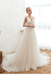 Romantic Wide Strap Deep V-Neck Floor-Length A-Line Wedding Dress with Tulle BM bride