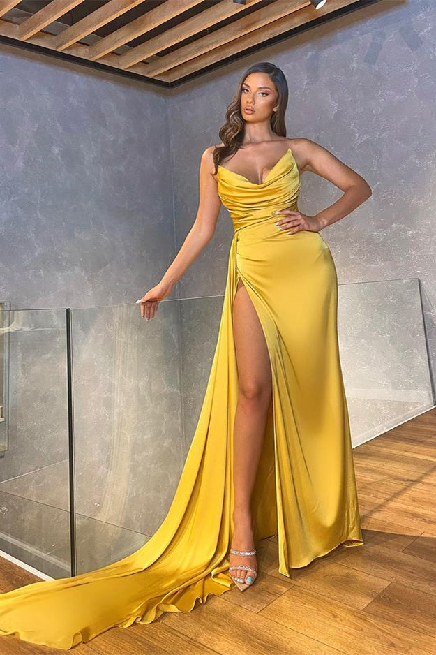 Chic Mermaid Strapless Sleeveless Long Pleated Prom Dress With High Split