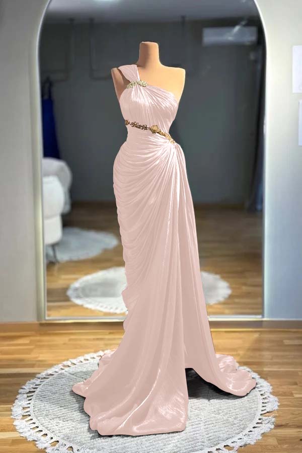 One Shoulder Sleeveless Long Mermaid Prom Dress With Pleated BMBRIDE