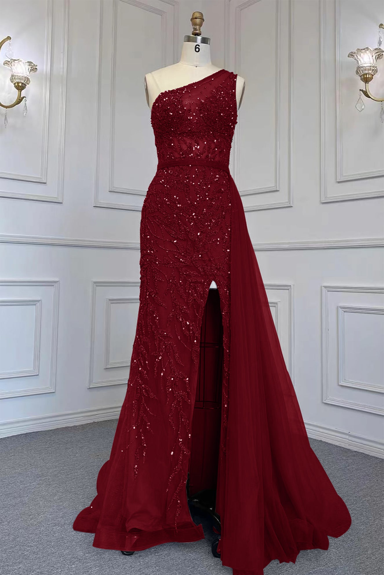 Elegant One Shoulder Tulle Evening Dress with Beadings, Slit, and Rhinestone BM bride