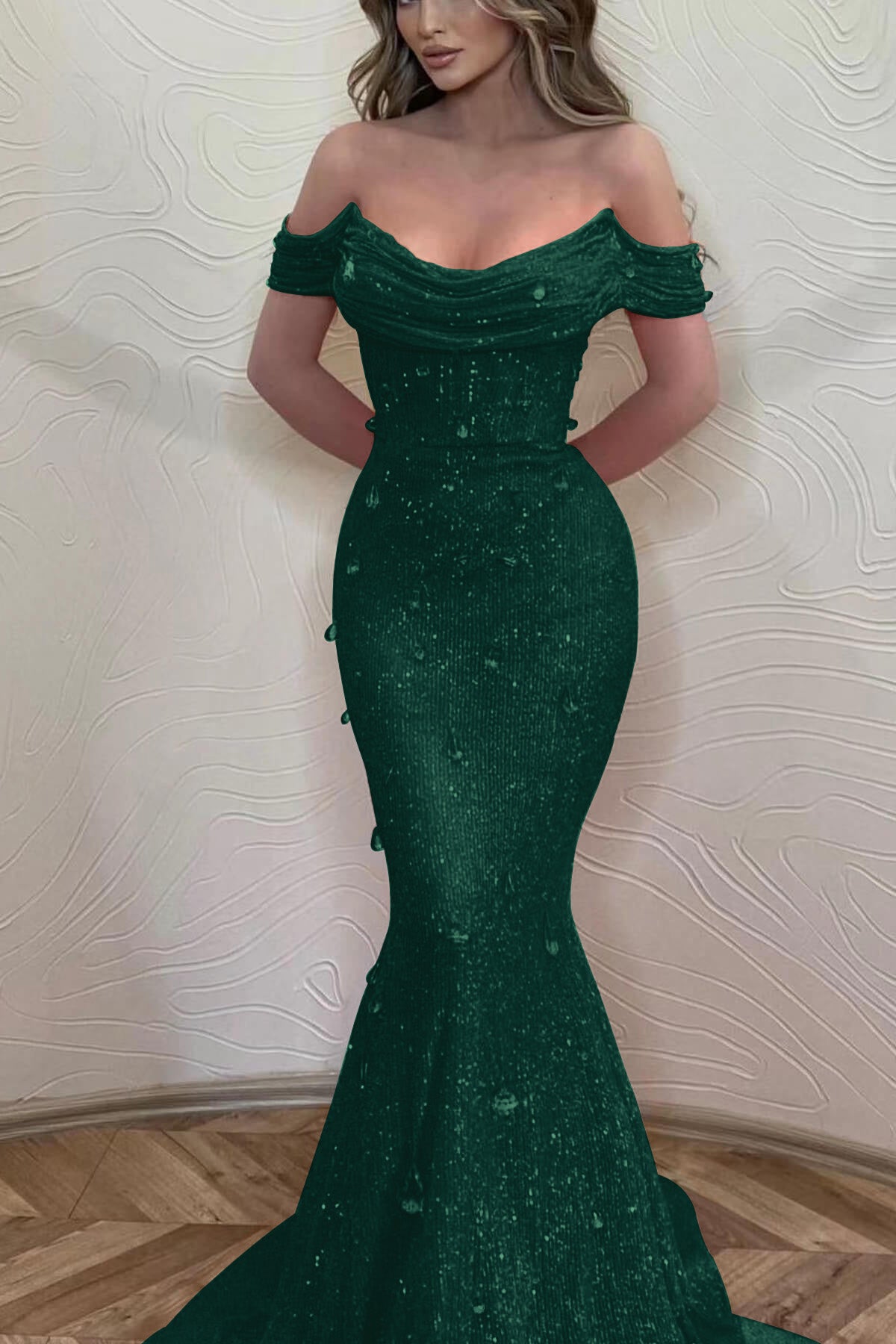 Orange Off the Shoulder Strapless Sleeveless Prom Dress With Sequins Mermaid BMBRIDE
