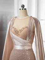 Retro Champagne Bead Embroidery Shawl Pleated Long Prom Dress