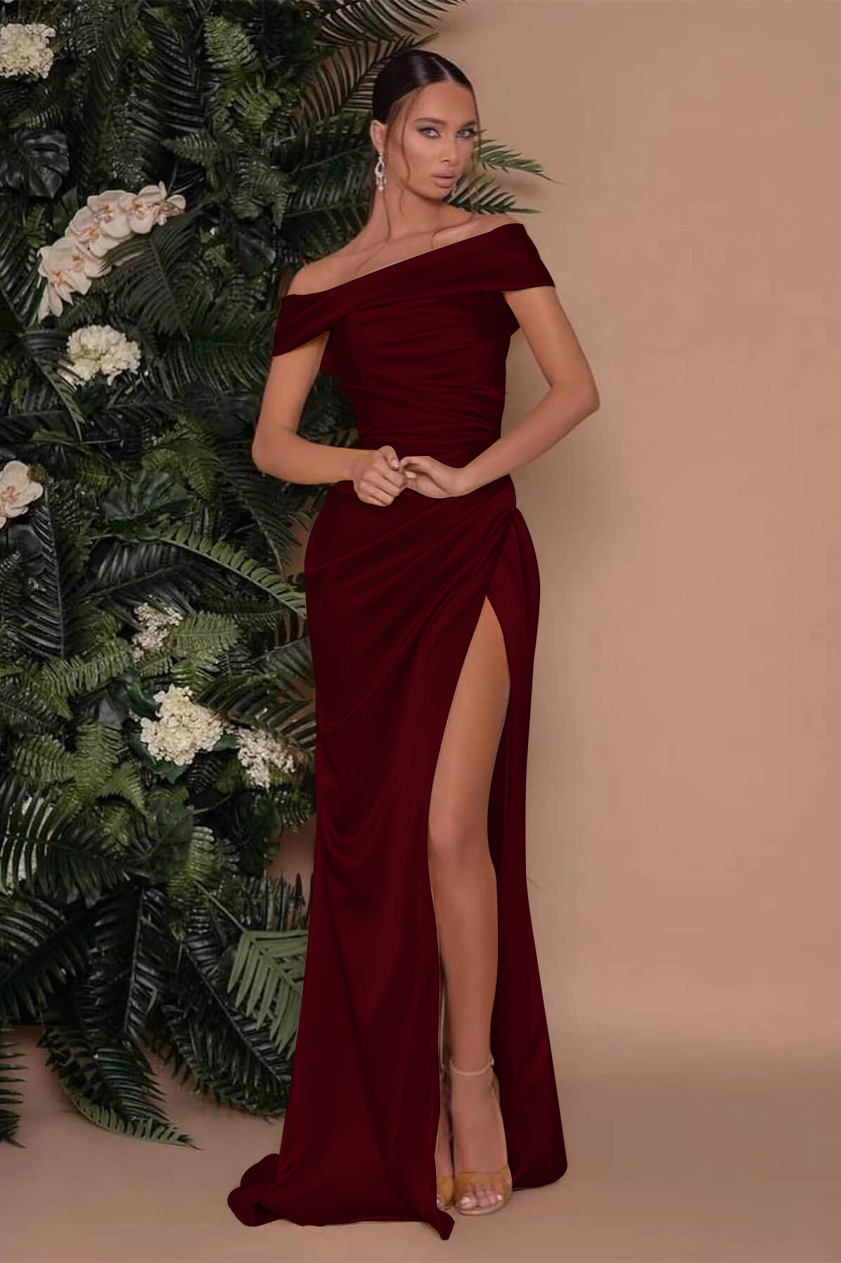 Champagne Off-The-Shoulder Charmeuse Prom Dress with Split Mermaid BM bride