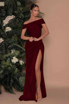Champagne Off-The-Shoulder Charmeuse Prom Dress with Split Mermaid BM bride