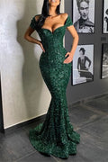 Dark Green Portrait Mermaid Long Prom Dress with Sequins BM bride