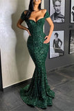 Dark Green Portrait Mermaid Long Prom Dress with Sequins BM bride