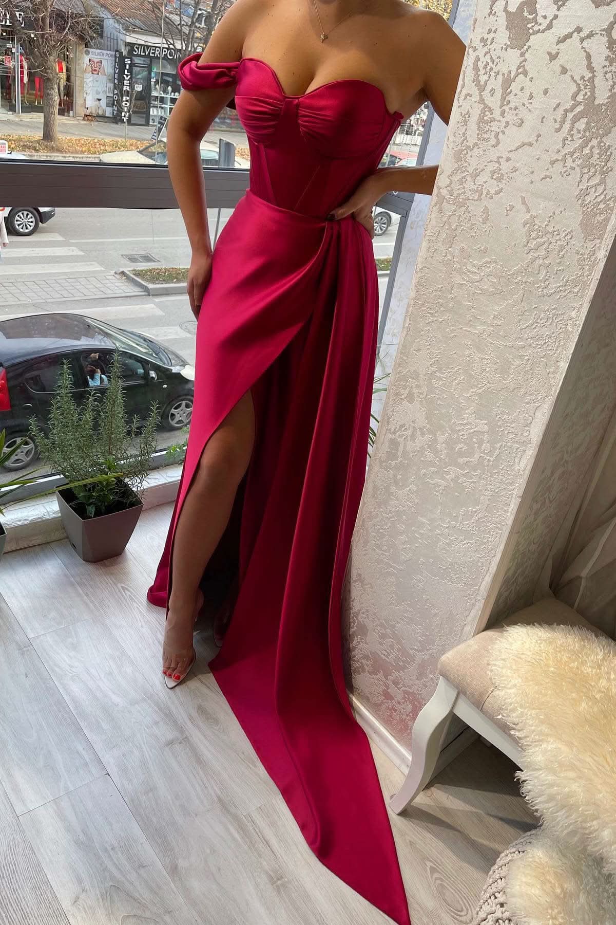 Stunning One-Shoulder Strapless Sweetheart Slit Evening Dress with Ruffle BM bride