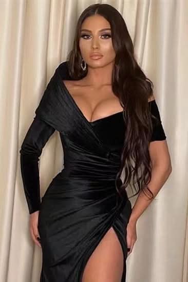 Black Off-The-Shoulder Long Sleeve Mermaid Prom Dress with Split BM bride