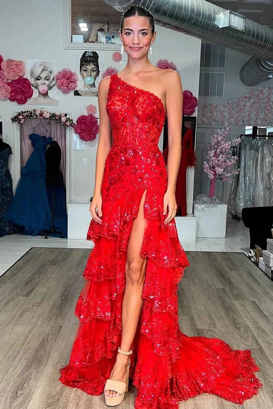Sparkly A Line One Shoulder Navy Lace Corset Prom Dress with Ruffles