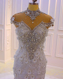High Neck Crystal Tulle Floor-Length Mermaid Wedding Dress with Lace Appliques BM bride