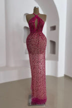 Pink Sleeveless Long Halter Neck Sequin Prom Dress BM bride