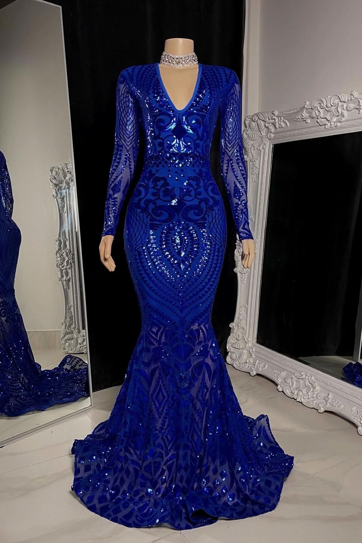 Royal Blue Long Sleeve Sequined Evening Dress with V Neck Mermaid Style BM bride