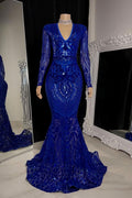 Royal Blue Long Sleeve Sequined Evening Dress with V Neck Mermaid Style BM bride