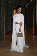 Shinning White Sleeveless Pleated Long Prom Dress With Shawl