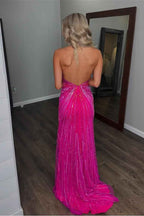 Halter V Neck Sleeveless High Split Long Prom Dress With Appliques