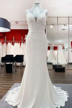V-Neck Long Satin Mermaid Wedding Dress with Open Back and Lace Appliques BM bride