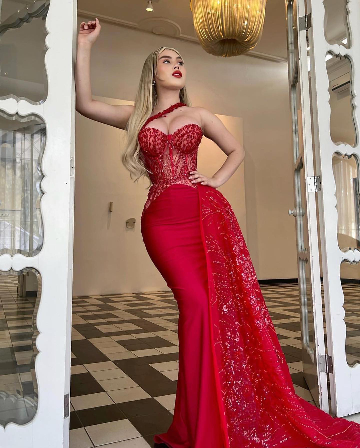 Luminous Red Applique Prom Dress, Strapless Mermaid BM bride
