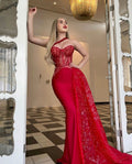 Luminous Red Applique Prom Dress, Strapless Mermaid BM bride