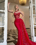 Luminous Red Applique Prom Dress, Strapless Mermaid BM bride
