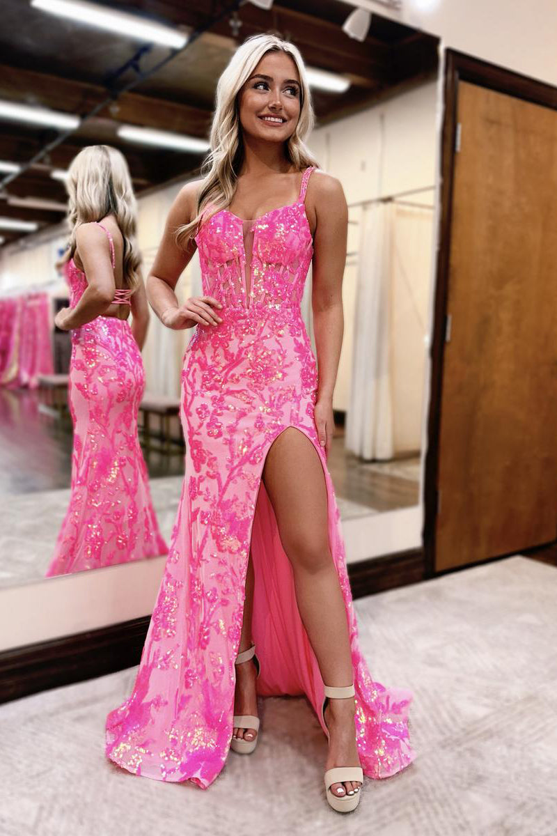 Radiant Coral V-Neck Sequins Long Prom Dress with Flowing Skirt BM bride