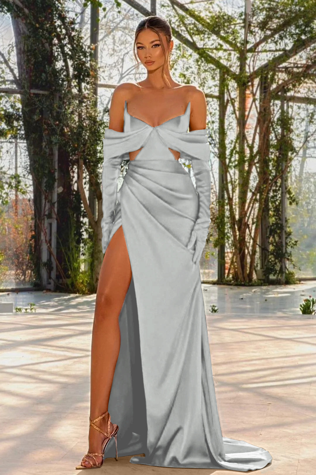Off the Shoulder Prom Dress Red Half Sleeves With Slit Pleated Gloves BMBRIDE