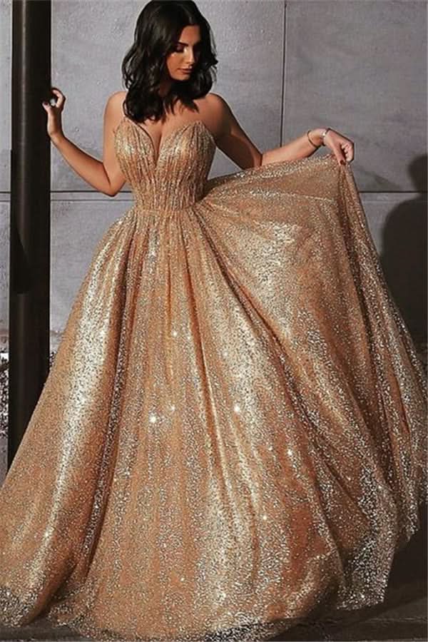 Gold Sequins Long Prom Dress BM bride