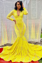 Evening Dress Yellow Mermaid Long Sleeves with Appliques BM bride