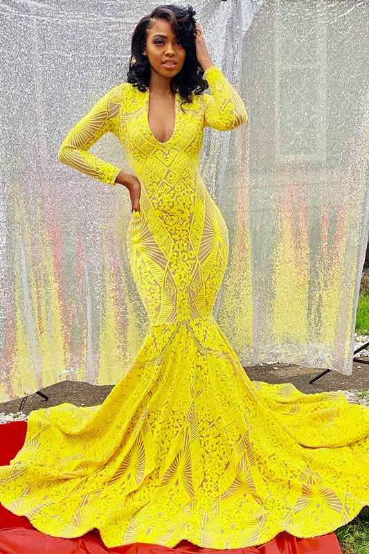 Bright Yellow Long Sleeves Long Mermaid Prom Dress With Embroidery