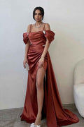 Off the Shoulder Spaghetti Strap Sleeveless Long Split Prom Dress With Beading