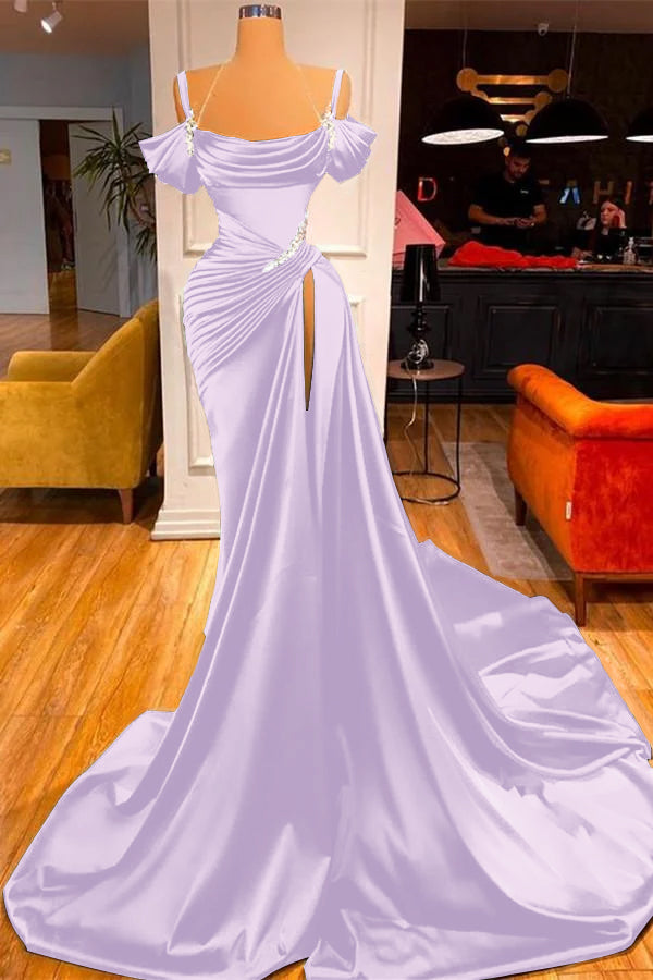 Green Chic Off the Shoulder Beadings Pleated Prom Dress Long With High Split BMBRIDE