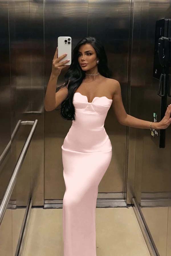 White Strapless Sleeveless Long Mermaid Prom Dress With Pleated BMBRIDE