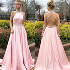Halter Sleeveless Backless A Line Long Prom Dress Pink Belt With beadings