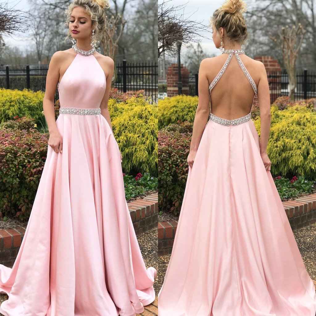 Halter Sleeveless Backless A Line Long Prom Dress Pink Belt With beadings