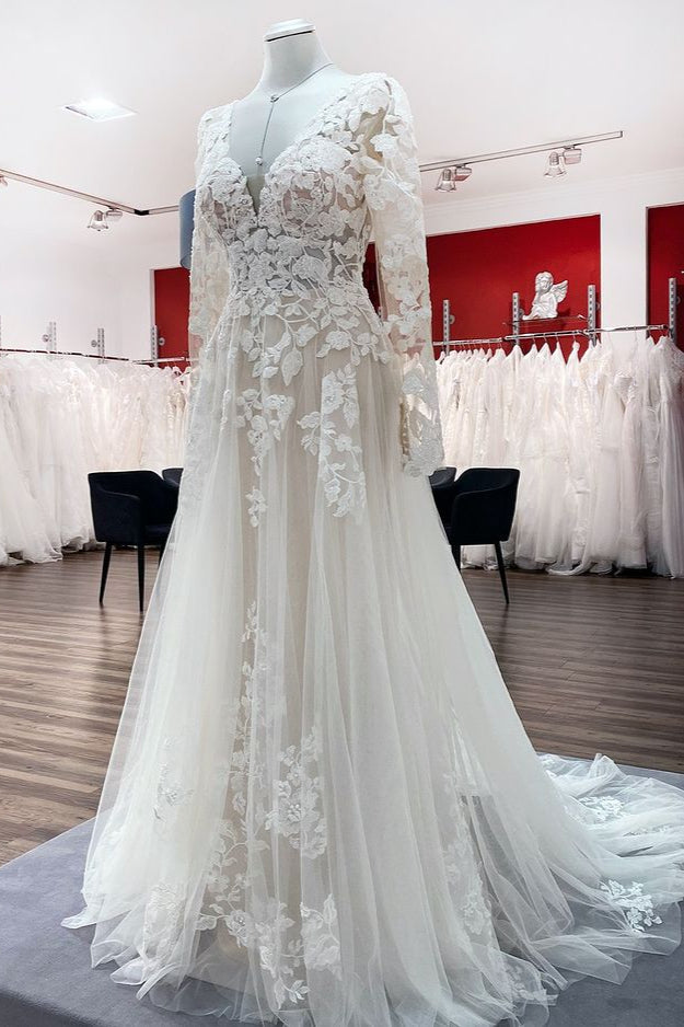 Long Sleeve A-Line Lace Wedding Dress with Open Back and Tulle Appliques BM bride