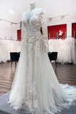 Long Sleeve A-Line Lace Wedding Dress with Open Back and Tulle Appliques BM bride