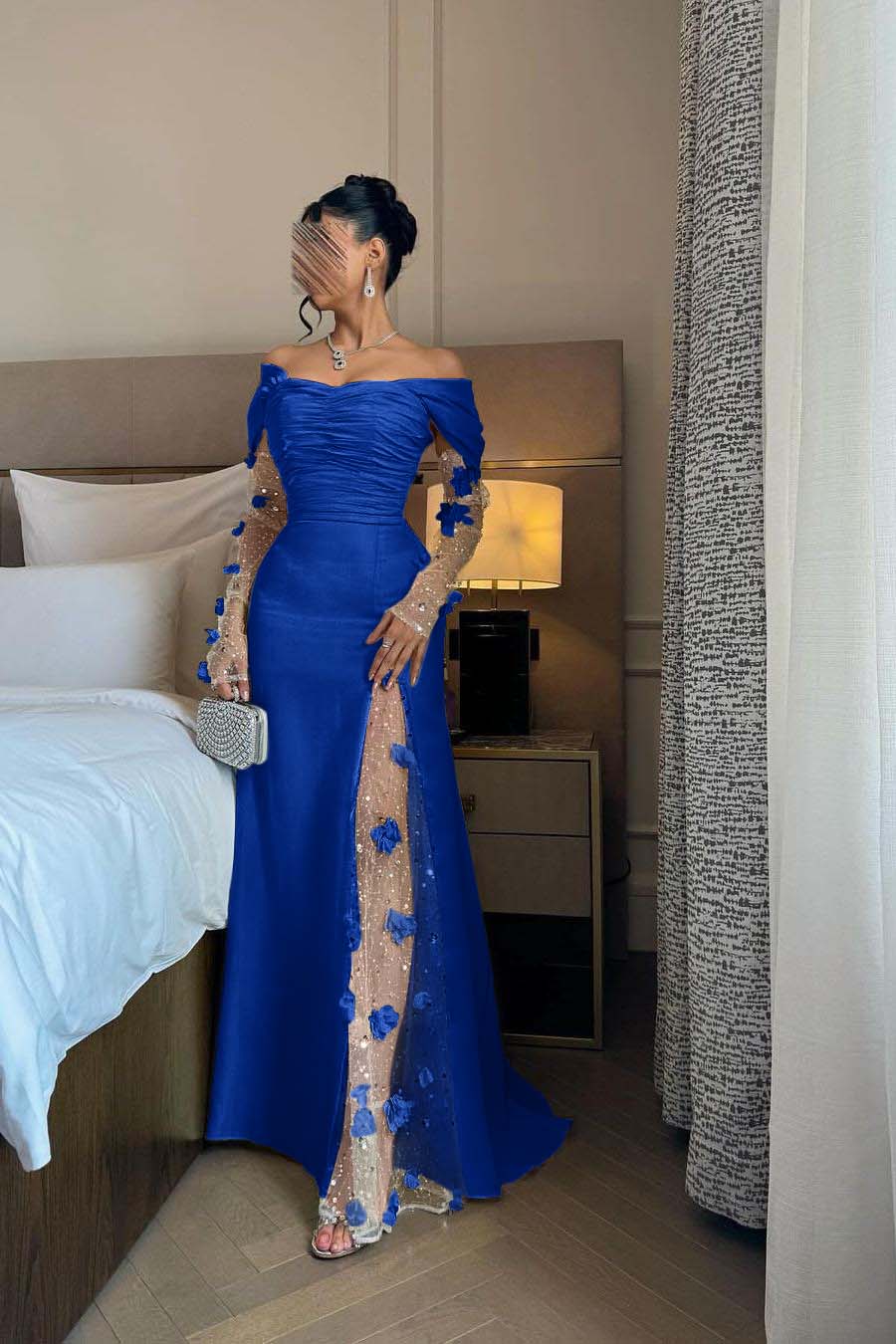 Off the Shoulder Long Sleeves Long Prom Dress With Split Appliques BMBRIDE