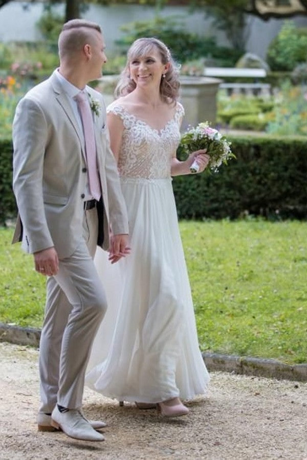 Elegant A-line Chiffon Wedding Dress With Appliques Lace Floor Length BM bride