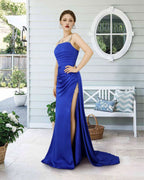 Royal Blue Sweetheart Sleeveless Long Prom Dress with Pleats and Slit BM bride