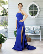 Prom Dress Royal Blue Sweetheart Long With Slit Sleeveless Pleated